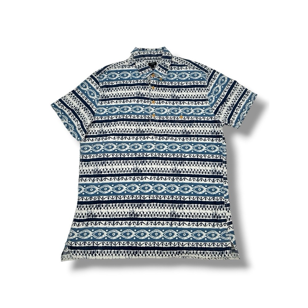 J.Crew Indigo Tribal Print Popover Shirt Men's L 100% Cotton Coastal Resort Boho